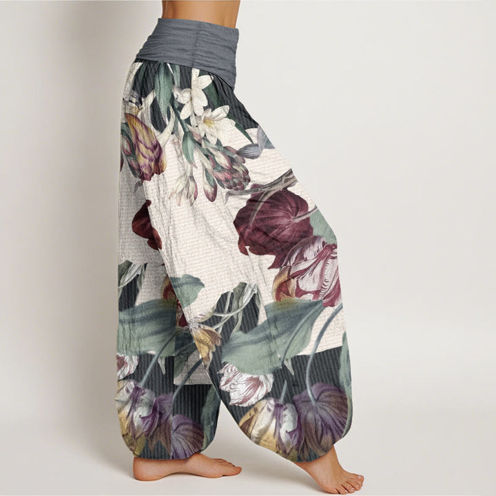 Buddha Stones Damen-Haremshose aus reiner Baumwolle mit Tulpen- und grünem Blätter-Design und elastischer Taille