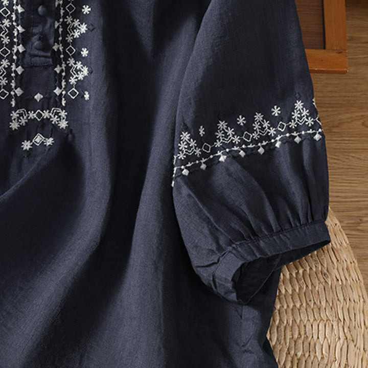 Buddha Stones Symmetrische Stickerei Baumwolle Damen Rundhalsshirt - image 3