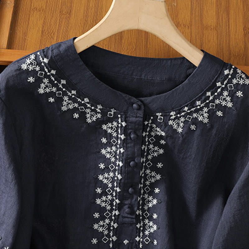 Buddha Stones Symmetrische Stickerei Baumwolle Damen Rundhalsshirt - image 4