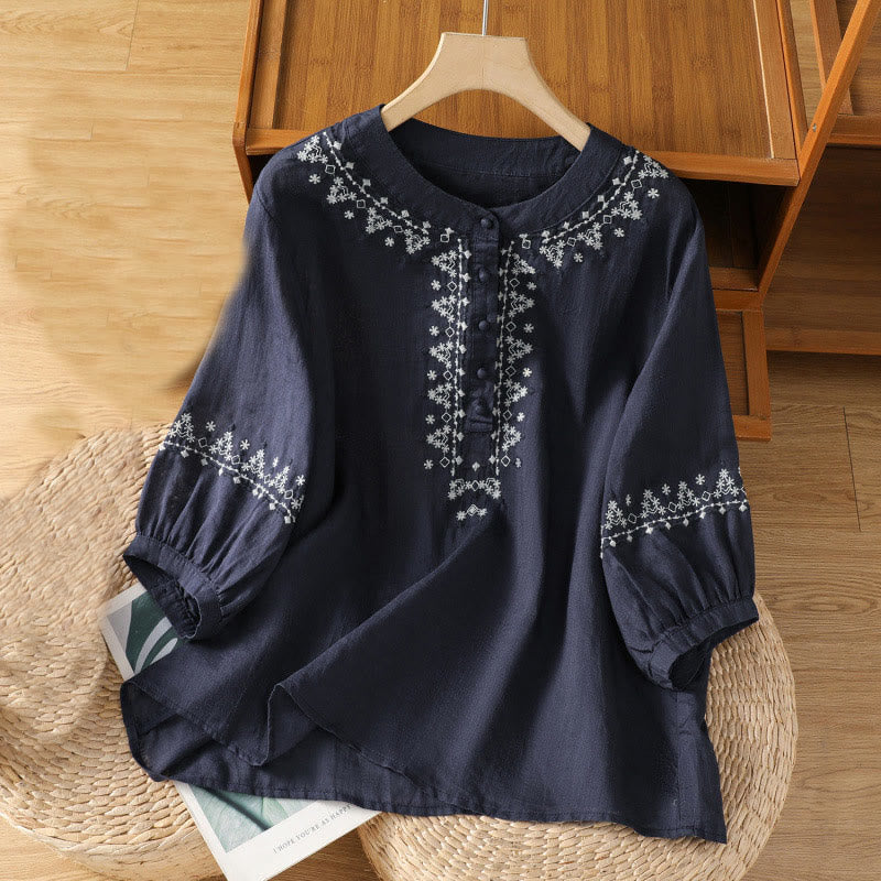 Buddha Stones Symmetrische Stickerei Baumwolle Damen Rundhalsshirt - Mitternachtsblau - US14, UK/AU18,EU46 (2XL) - image 1
