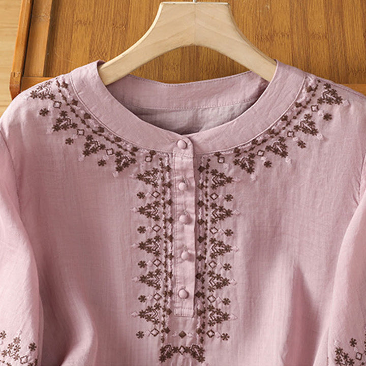 Buddha Stones Symmetrische Stickerei Baumwolle Damen Rundhalsshirt - image 14