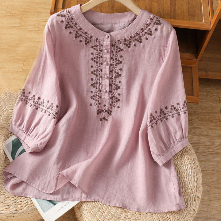Buddha Stones Symmetrische Stickerei Baumwolle Damen Rundhalsshirt - Pflaume - US14, UK/AU18,EU46 (2XL) - image 7