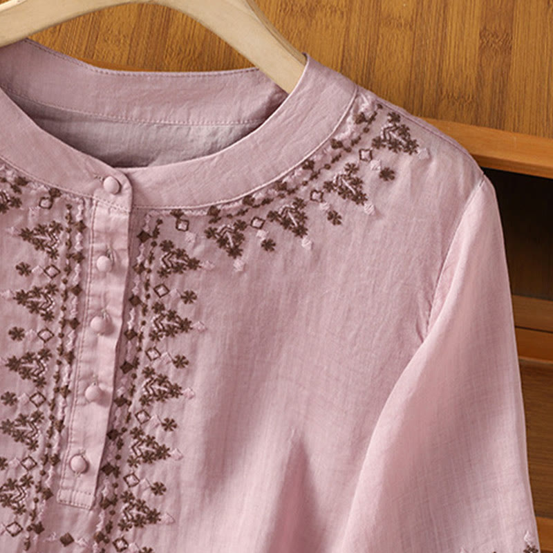 Buddha Stones Symmetrische Stickerei Baumwolle Damen Rundhalsshirt - image 15