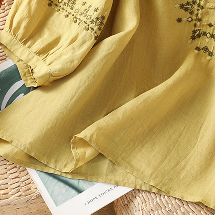 Buddha Stones Symmetrische Stickerei Baumwolle Damen Rundhalsshirt - image 19