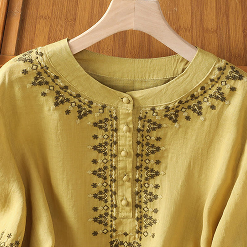 Buddha Stones Symmetrische Stickerei Baumwolle Damen Rundhalsshirt - image 20