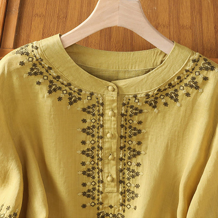 Buddha Stones Symmetrische Stickerei Baumwolle Damen Rundhalsshirt - image 20