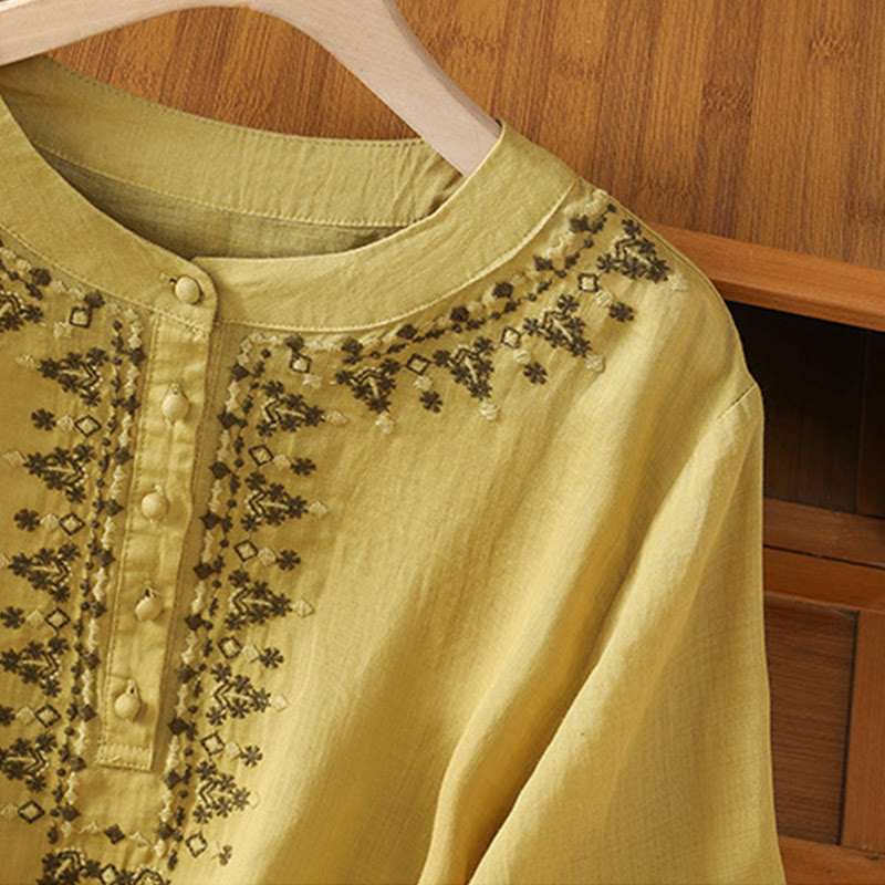Buddha Stones Symmetrische Stickerei Baumwolle Damen Rundhalsshirt - image 22