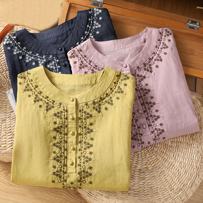 Buddha Stones Symmetrische Stickerei Baumwolle Damen Rundhalsshirt - image 24