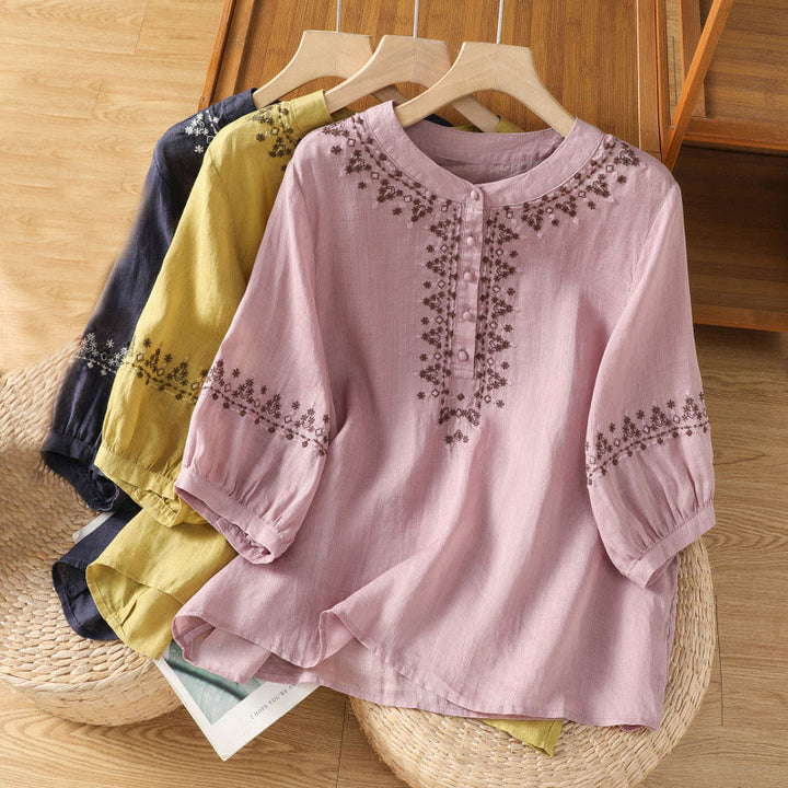 Buddha Stones Symmetrische Stickerei Baumwolle Damen Rundhalsshirt - image 23