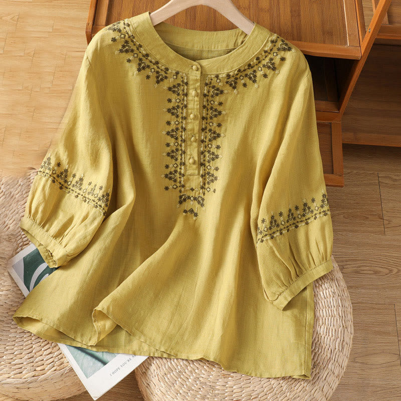 Buddha Stones Symmetrische Stickerei Baumwolle Damen Rundhalsshirt - Khaki - US14, UK/AU18,EU46 (2XL) - image 16