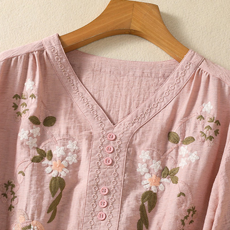 Buddha Stones Stickerei Blumen Blätter Baumwolle Damen V-Ausschnitt Shirt - image 3