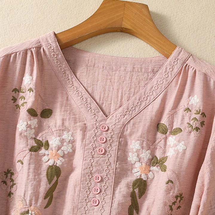Buddha Stones Stickerei Blumen Blätter Baumwolle Damen V-Ausschnitt Shirt - image 3