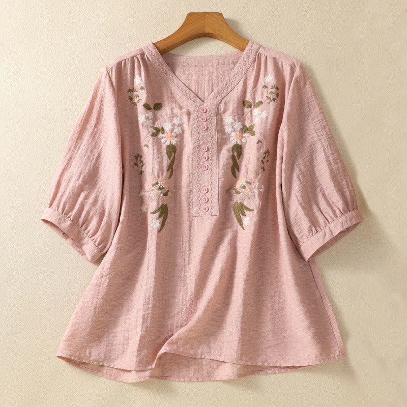 Buddha Stones Stickerei Blumen Blätter Baumwolle Damen V-Ausschnitt Shirt - Rosa - US14, UK/AU18,EU46 (2XL) - image 1