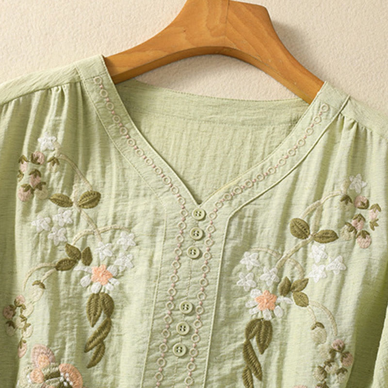 Buddha Stones Stickerei Blumen Blätter Baumwolle Damen V-Ausschnitt Shirt - image 13