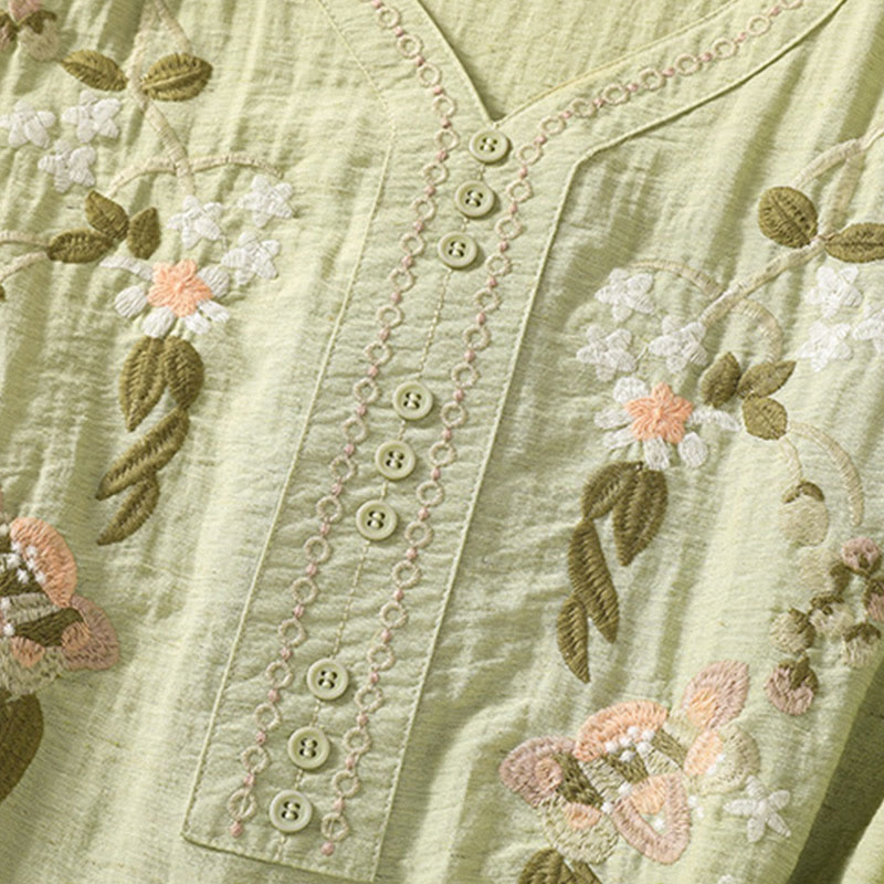 Buddha Stones Stickerei Blumen Blätter Baumwolle Damen V-Ausschnitt Shirt - image 16
