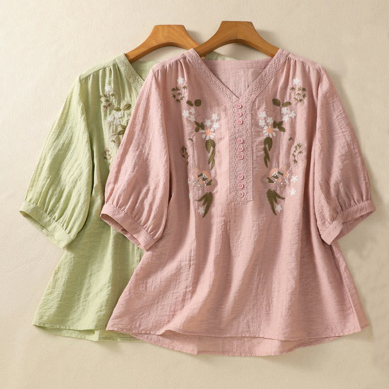 Buddha Stones Stickerei Blumen Blätter Baumwolle Damen V-Ausschnitt Shirt - image 20