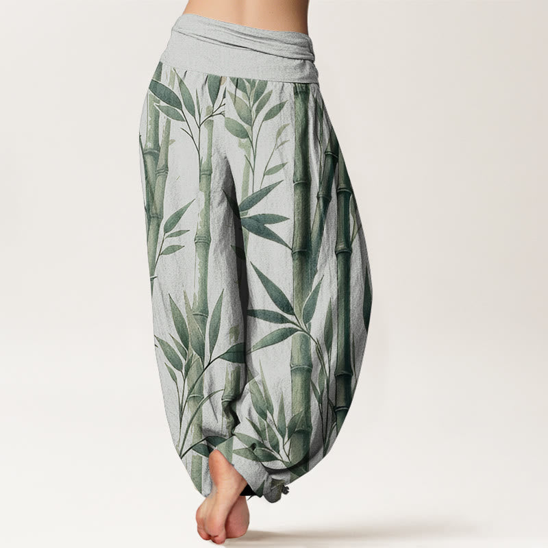 Buddha Stones Damen-Haremshose aus reiner Baumwolle mit Bambusblätter-Muster und elastischer Taille