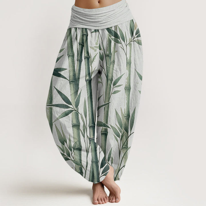 Buddha Stones Damen-Haremshose aus reiner Baumwolle mit Bambusblätter-Muster und elastischer Taille