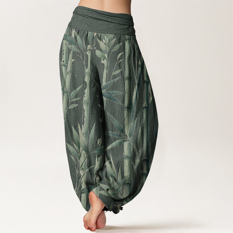 Buddha Stones Damen-Haremshose aus reiner Baumwolle mit Bambusblätter-Muster und elastischer Taille