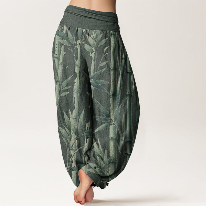 Buddha Stones Damen-Haremshose aus reiner Baumwolle mit Bambusblätter-Muster und elastischer Taille