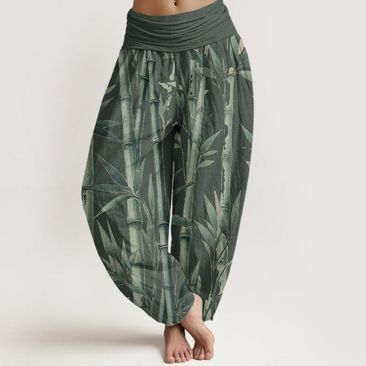 Buddha Stones Damen-Haremshose aus reiner Baumwolle mit Bambusblätter-Muster und elastischer Taille