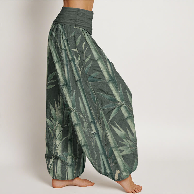 Buddha Stones Damen-Haremshose aus reiner Baumwolle mit Bambusblätter-Muster und elastischer Taille