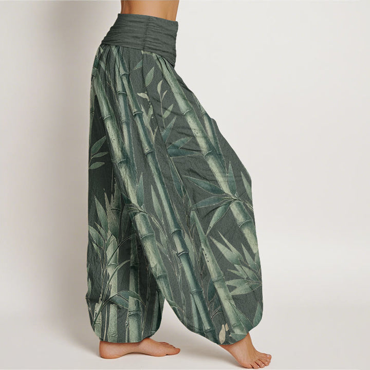 Buddha Stones Damen-Haremshose aus reiner Baumwolle mit Bambusblätter-Muster und elastischer Taille