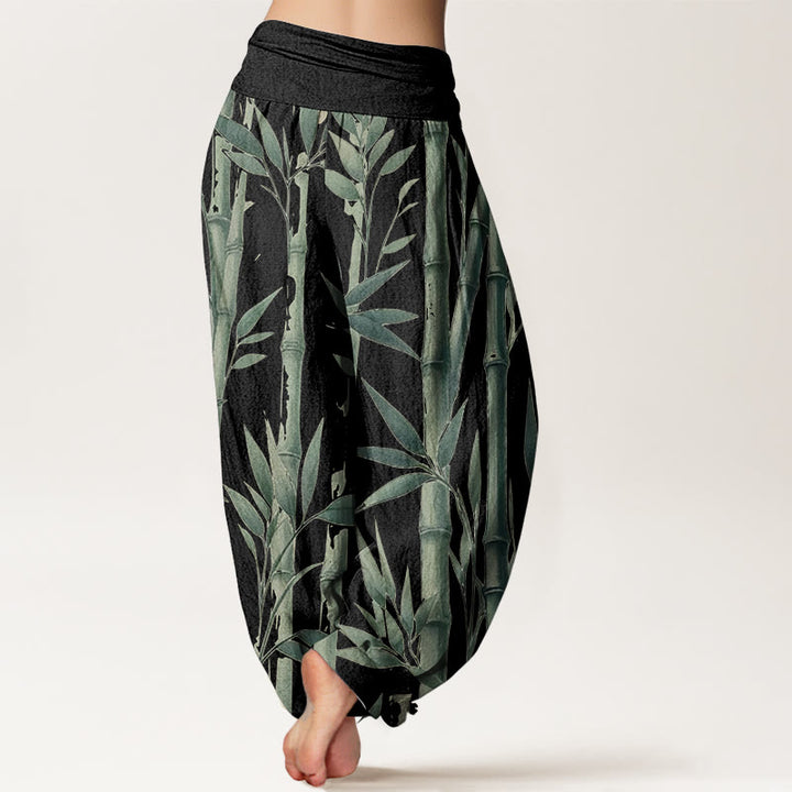 Buddha Stones Damen-Haremshose aus reiner Baumwolle mit Bambusblätter-Muster und elastischer Taille