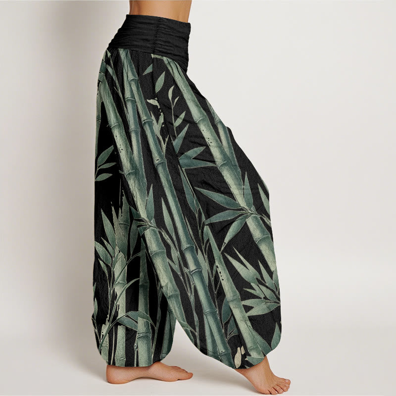 Buddha Stones Damen-Haremshose aus reiner Baumwolle mit Bambusblätter-Muster und elastischer Taille