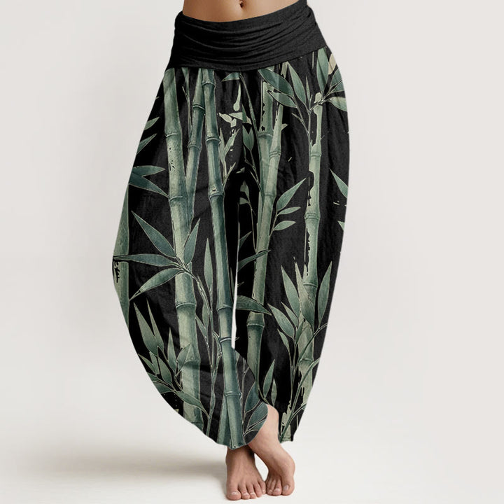 Buddha Stones Damen-Haremshose aus reiner Baumwolle mit Bambusblätter-Muster und elastischer Taille