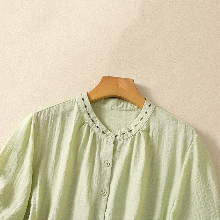 Buddha Stones Stickmuster Baumwollknopf Damen Rundhalsshirt - image 3