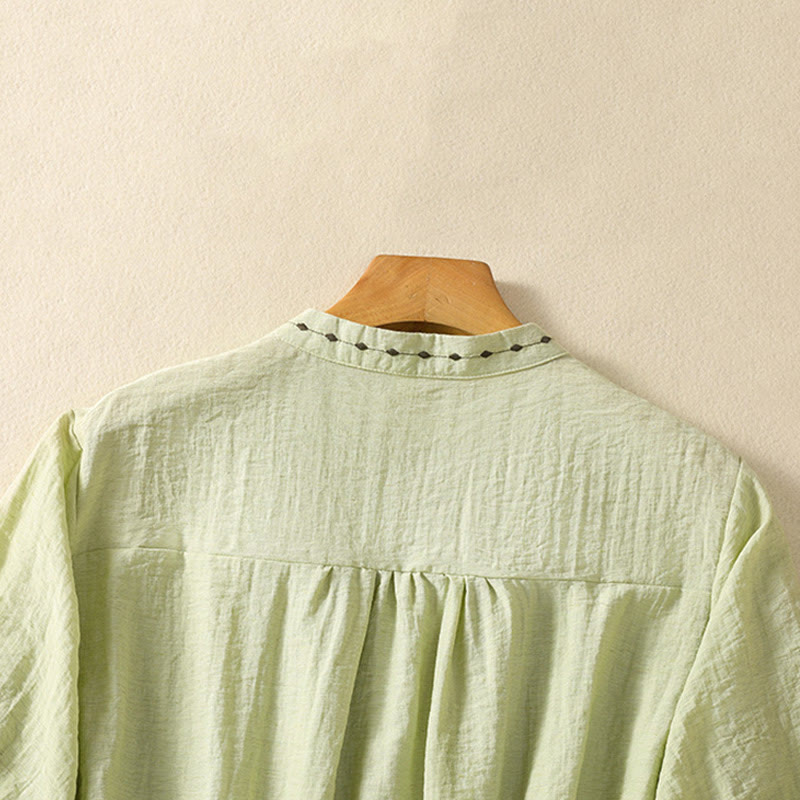Buddha Stones Stickmuster Baumwollknopf Damen Rundhalsshirt - image 4
