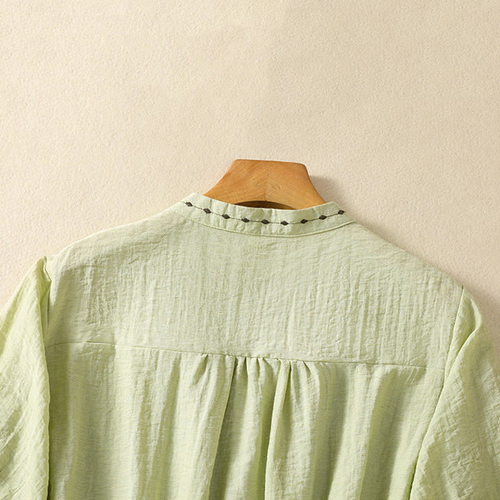 Buddha Stones Stickmuster Baumwollknopf Damen Rundhalsshirt - image 4