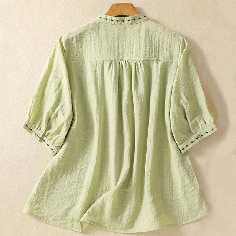 Buddha Stones Stickmuster Baumwollknopf Damen Rundhalsshirt - image 2