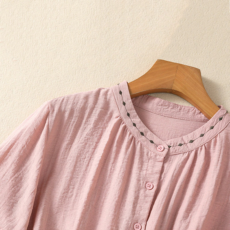 Buddha Stones Stickmuster Baumwollknopf Damen Rundhalsshirt - image 12