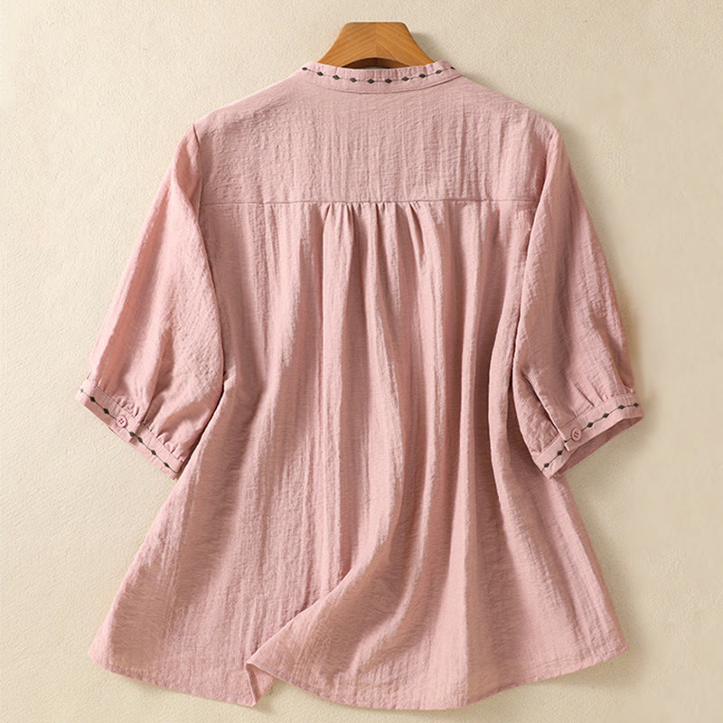 Buddha Stones Stickmuster Baumwollknopf Damen Rundhalsshirt - image 11
