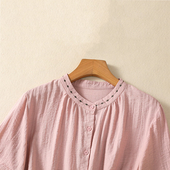 Buddha Stones Stickmuster Baumwollknopf Damen Rundhalsshirt - image 18