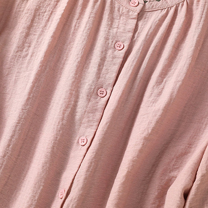 Buddha Stones Stickmuster Baumwollknopf Damen Rundhalsshirt - image 16