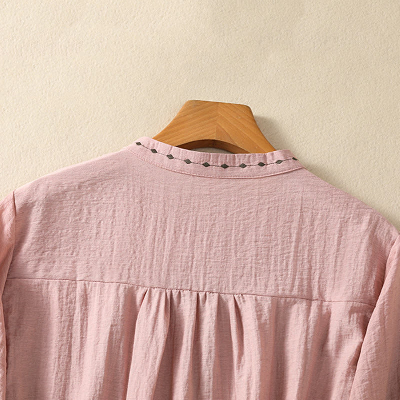 Buddha Stones Stickmuster Baumwollknopf Damen Rundhalsshirt - image 13