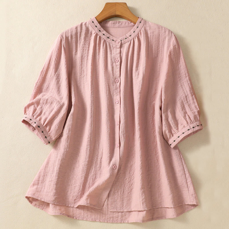 Buddha Stones Stickmuster Baumwollknopf Damen Rundhalsshirt - Rosa - US14, UK/AU18,EU46 (2XL) - image 10