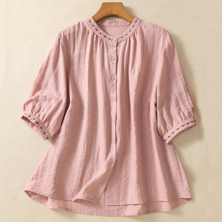 Buddha Stones Stickmuster Baumwollknopf Damen Rundhalsshirt - Rosa - US14, UK/AU18,EU46 (2XL) - image 10