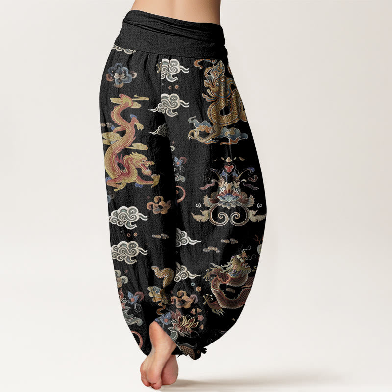 Haremshose für Damen mit elastischer Taille und Buddha Stones aus reiner Baumwolle mit goldenen Drachen und glückverheißenden Wolken
