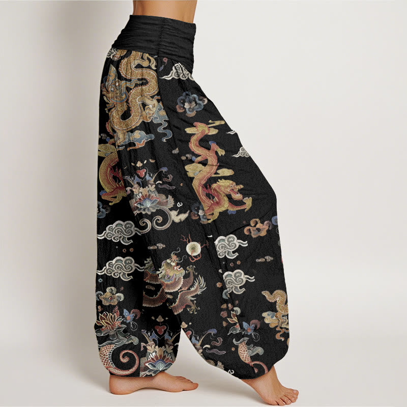 Haremshose für Damen mit elastischer Taille und Buddha Stones aus reiner Baumwolle mit goldenen Drachen und glückverheißenden Wolken