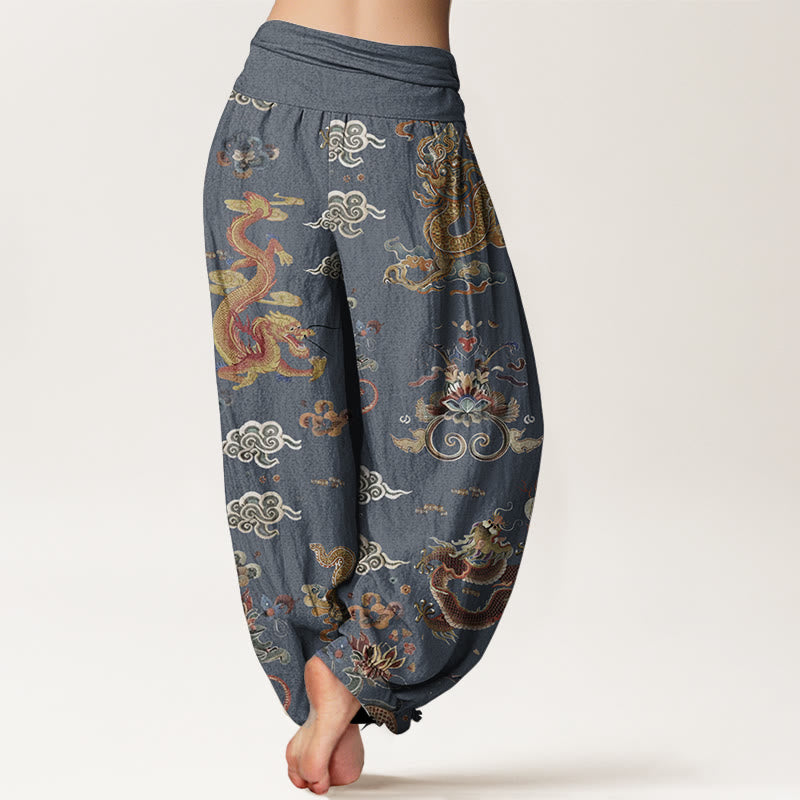 Haremshose für Damen mit elastischer Taille und Buddha Stones aus reiner Baumwolle mit goldenen Drachen und glückverheißenden Wolken