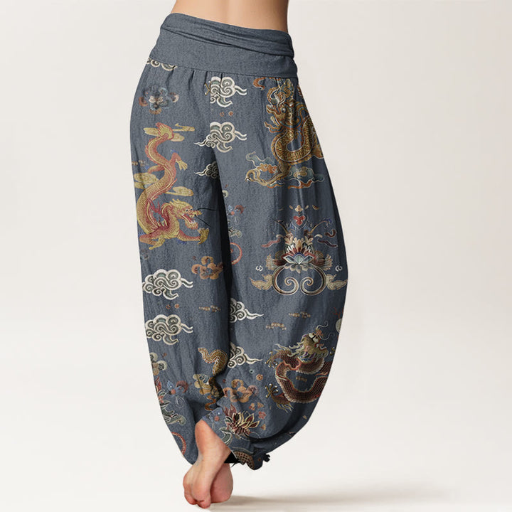 Haremshose für Damen mit elastischer Taille und Buddha Stones aus reiner Baumwolle mit goldenen Drachen und glückverheißenden Wolken