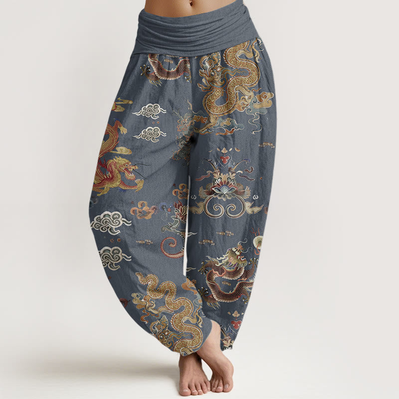 Haremshose für Damen mit elastischer Taille und Buddha Stones aus reiner Baumwolle mit goldenen Drachen und glückverheißenden Wolken