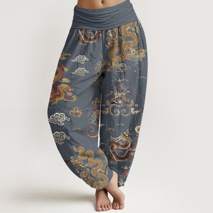 Haremshose für Damen mit elastischer Taille und Buddha Stones aus reiner Baumwolle mit goldenen Drachen und glückverheißenden Wolken