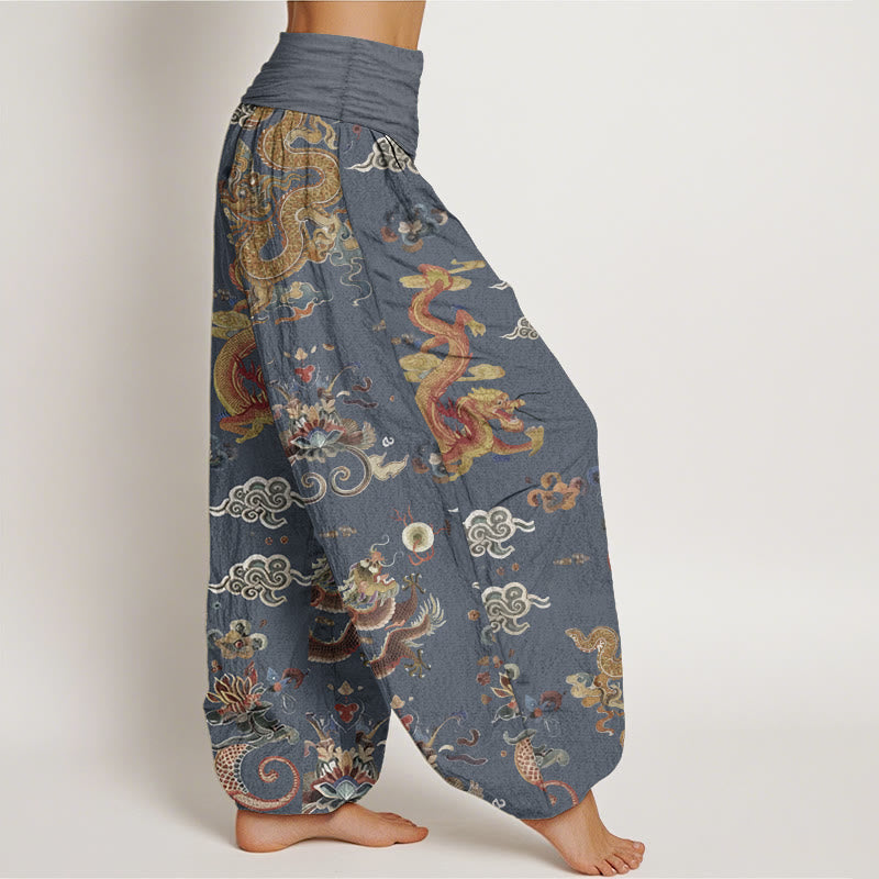 Haremshose für Damen mit elastischer Taille und Buddha Stones aus reiner Baumwolle mit goldenen Drachen und glückverheißenden Wolken