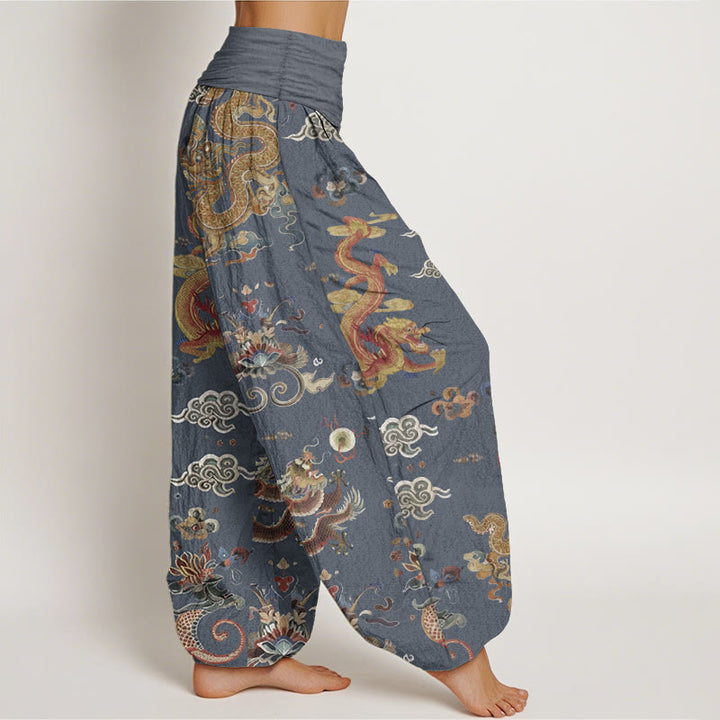 Haremshose für Damen mit elastischer Taille und Buddha Stones aus reiner Baumwolle mit goldenen Drachen und glückverheißenden Wolken