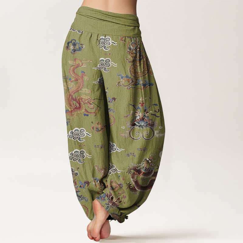 Haremshose für Damen mit elastischer Taille und Buddha Stones aus reiner Baumwolle mit goldenen Drachen und glückverheißenden Wolken